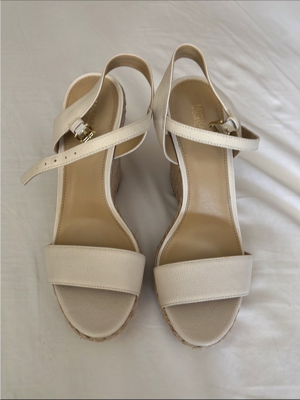 MICHAEL Michael Kors Ivory Leather Wedge Sandals with Ankle Strap